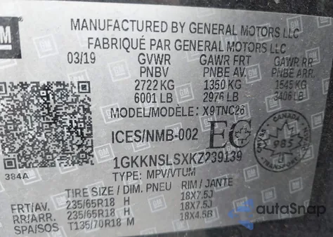 2019 GMC Acadia Sle-2 from USA, damaged, VIN 1GKKNSLSXKZ239139